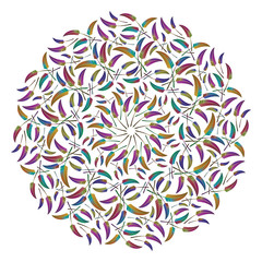 Round ethnic ornament with colorful feathers isolated on white background. Vector illustration