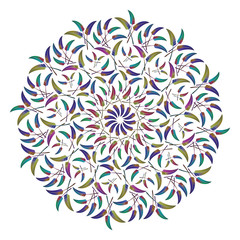 Round ethnic ornament with colorful feathers isolated on white background. Vector illustration