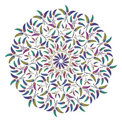 Round ethnic ornament with colorful feathers isolated on white background. Vector illustration