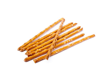 Salty cracker pretzel sticks isolated on white background