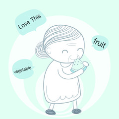 Character design concept of elderly falls : Like to eat fruit and vegetable