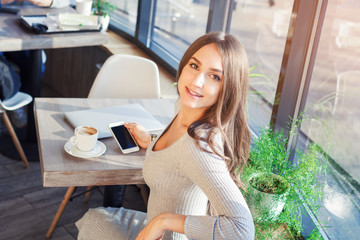 attractive young woman in dress in cafe uses mobile phone and laptop