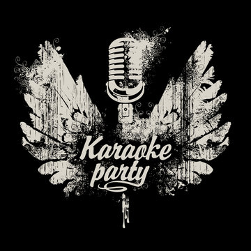 Vector banner for karaoke party with a microphone and wings with splashes and curls on black background in grunge style