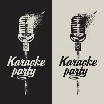 Vector set of two banners with microphone and inscription karaoke party on the abstract background with splashes and curls in grunge style