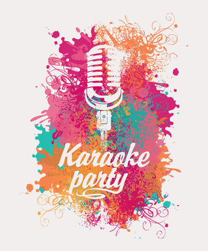 Vector banner with microphone and inscription karaoke party on the art background with colored spots, splashes and curls in grunge style