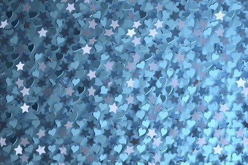 Background for Valentine Day or romantic, festive event in light blue colors. Repeating blue gray hearts and stars. 3d illustration.
