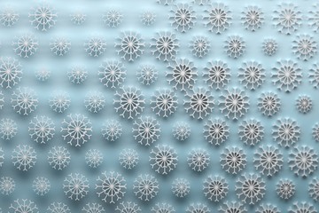 Abstract illustration with white snowflakes on blue background. 3D illustration.