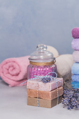 Obraz na płótnie Canvas Natural handmade soap and sea salt with lavender