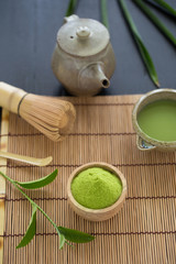 Set of matcha powder bowl wooden spoon and whisk green tea leaf Organic Green Matcha Tea ceremony