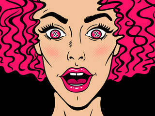 Wow pop art face. Sexy surprised woman with pink curly hair and wide open mouth and eyes with percent signs in pupils. Vector colorful background in pop art retro comic style. Sale poster template.