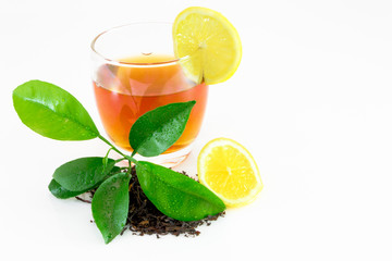 Dry black tea leaves, lemon leafs, tea on glass isolated on white