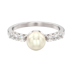 3D illustration isolated white gold or silver diamond ring with pearl on a white background