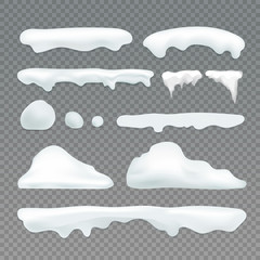 Naklejka premium Vector icicles and snowcap elements on transparent background. Snow effects vector collection