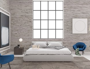 3d rendering of loft bedroom interior with old old brick walls