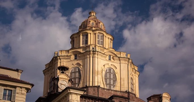 TURIN, PIEMONTE, ITALY, 2016: church San lorenzo Piazza Castello, timelapse, 4K