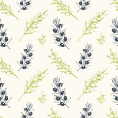 Olives seamless pattern, hand drawn sketch vector illustration. Healthy and organic food design template. Vintage style image.