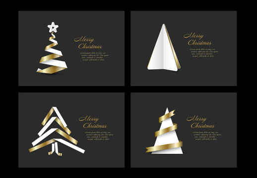 4 Christmas and New Year's Card with White  and Gold Ribbon Trees