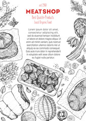 Meats and sausages top view frame. Vector illustration. Engraved design. Hand drawn illustration. Meat products design template.