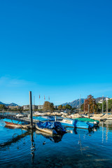 Vertical Picture Of Boats Pier in Danube River Vienna, Austria