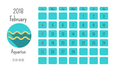 February calendar 2018 with horoscope signs zodiac symbols, flat colored template.