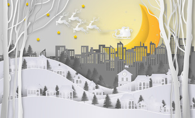 Merry Christmas and Happy New Year. Santa Claus on the sky and moon coming to City. with winter landscape with snowflakes,stars. Merry Christmas card. paper art and craft style. Vector illustration