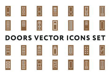 Wooden Closed Front Door Entrance Modern Interior Design. Minimal Flat Line Outline Stroke Icon Illustration Set Collection.