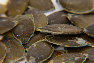 Organic green pumpkin seeds against a white background