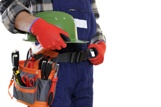 Young electrician technician in workwear isolated on white background.