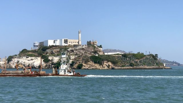 View of Alcatraz Island from a moving boat, San Francisco