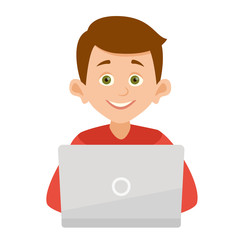 Creative guy in the workplace. Vector illustration of a flat design isolated on white background. portrait of a smiling boy near laptop computer.online education. Online learning.