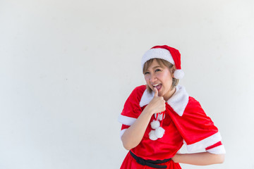 Beautiful young asian woman in Santa Claus clothes on white background,Thailand people,Sent happiness for children,Merry christmas,Welcome to winter,Happy woman concept