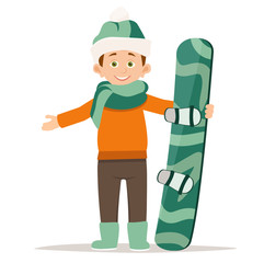 winter sports, smiling teenager stand straight with a snowboard. Vector illustration isolated on white background