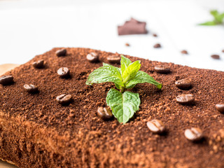 Tiramisu cake with coffee beans and fresh mint chocolate on the Board in white background Close up