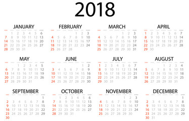 Calender 2018 months and days