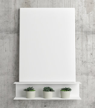 Mock up poster on white light shelf with three pots, 3d illustration, 3d rendering
