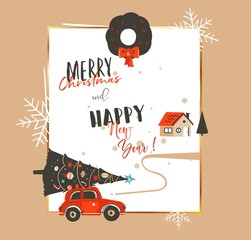 Hand drawn vector abstract Merry Christmas and Happy New Year time vintage cartoon illustrations greeting card template withcar, xmas tree,house and modern typography isolated on white background