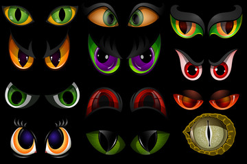 Cartoon vector eyes beast devil monster animals eyeballs of angry or scary expressions evil eyebrow and eyelashes on face scared snake or dracula vampire animal eyesight illustration isolated black © Vectorwonderland