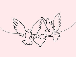 Fototapeta premium Continuous one line different width drawing. Flying two pigeons with heart Valentine Day logo. Black and white vector illustration. Concept for logo, card, banner, poster, flyer
