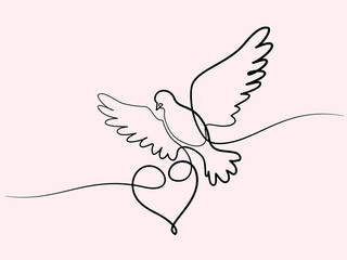 Continuous one line different width drawing. Flying pigeon with heart Valentine Day logo. Black and white vector illustration. Concept for logo, card, banner, poster, flyer