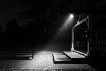Foggy picnic table in Gahanna Ohio, black and white