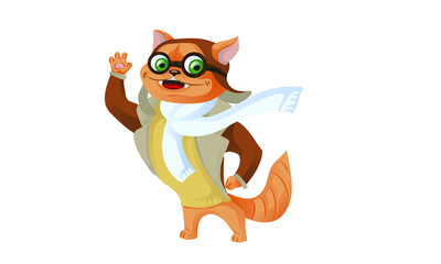 Obraz premium Cute funny animal pilot characters flying on airplane - cat and raccoon, cartoon vector illustration with space for text. Little baby cat and raccoon characters flying on airplane. Magnificent cat Avi