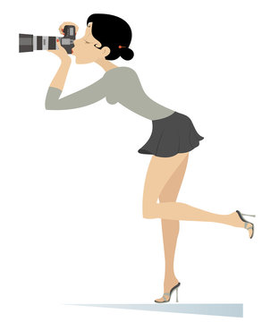 Photographer young woman isolated on white illustration. Funny photographer or paparazzi woman makes a shot
