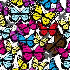Obraz na płótnie Canvas Multicolored butterflies on a white background. Vector illustration. Seamless texture.