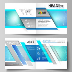 Business templates for square design bi fold brochure, flyer. Leaflet cover, vector layout. Chemistry pattern, connecting lines and dots, molecule structure, medical DNA research. Medicine concept.