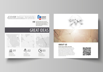 The minimalistic vector illustration of the editable layout of two square format covers design templates for brochure, flyer, booklet. Global network connections, technology background with world map.