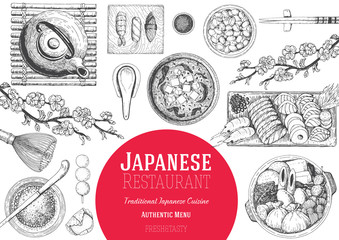 Japanese food menu restaurant. Asian food poster with sashimi, miso soup, oden, natto, matcha tea, and sushi. Top view frame vector illustration.