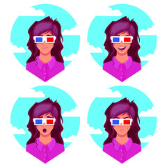 Vector illustration emotion girl in 3d-glasses with sky and cloud on background