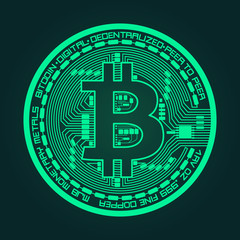 Crypto currency coin with bitcoin symbol on obverse in trendy green colors isolated on green background. Vector illustration. Use for logos, print products, page and web decor or other design.