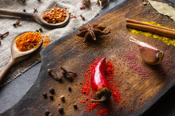 various spices on a cutting board close-up