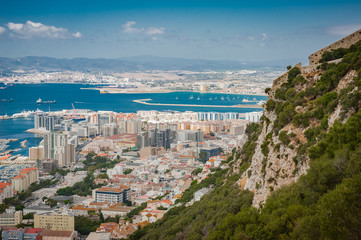 Fototapeta premium United Kingdom Gibraltar panorama view to the ocean with tankers and ships from high point